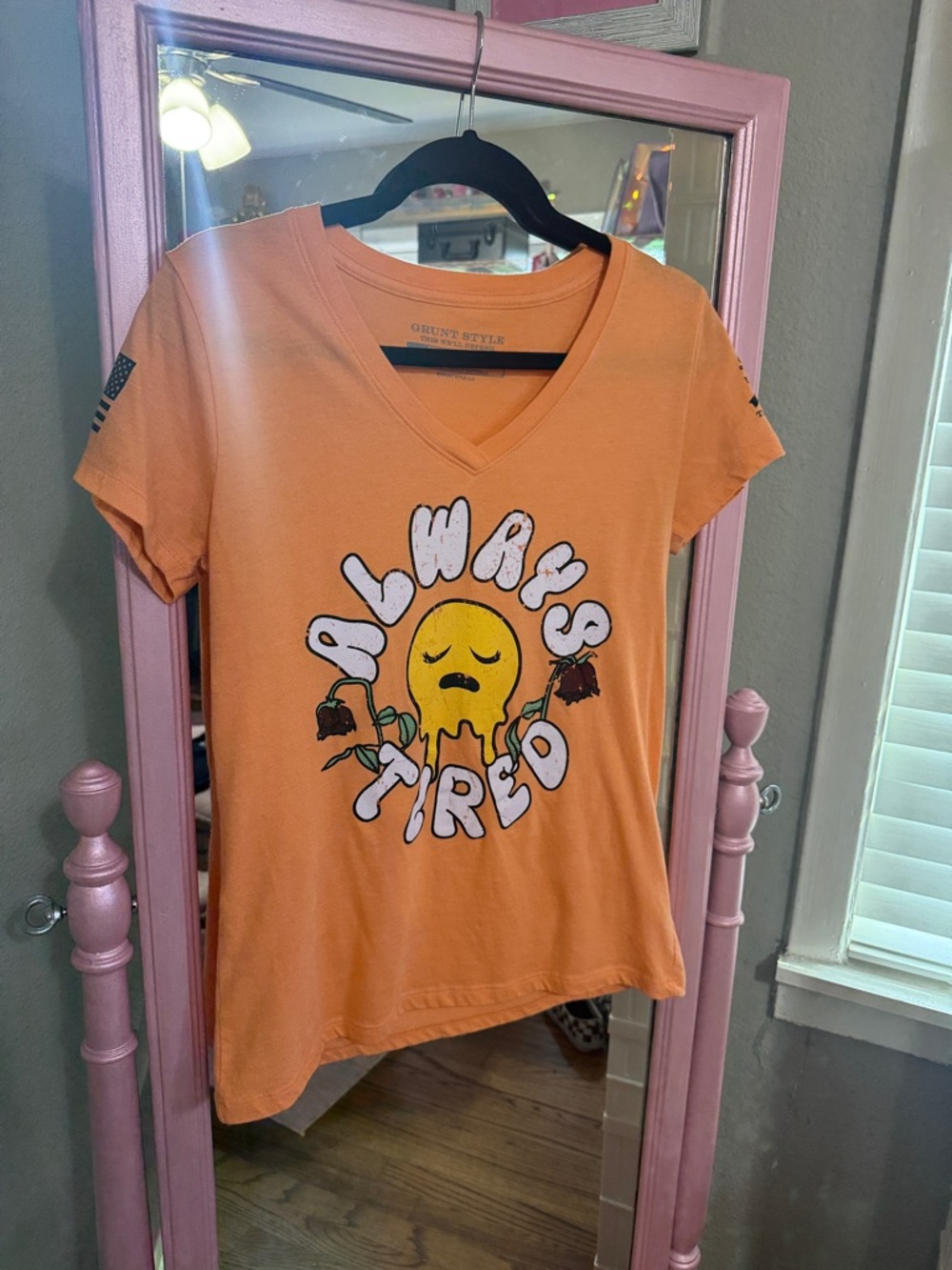 Grunt Style Orange V-Neck Tee with "Always Tired" Graphic